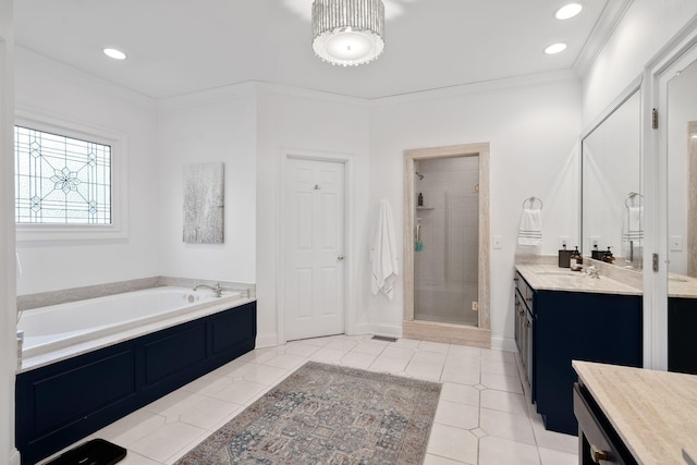 bathroom with vanity, crown molding, tile patterned floors, and shower with separate bathtub