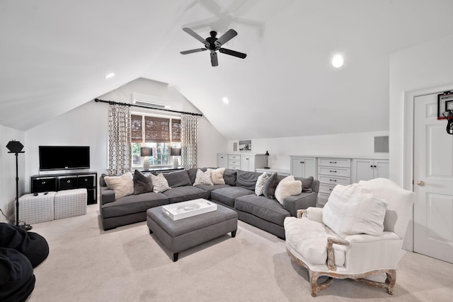 living room featuring vaulted ceiling, light carpet, ceiling fan, and a wall unit AC