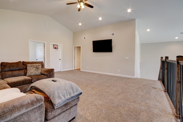 carpeted living room featuring high vaulted ceiling and ceiling fan