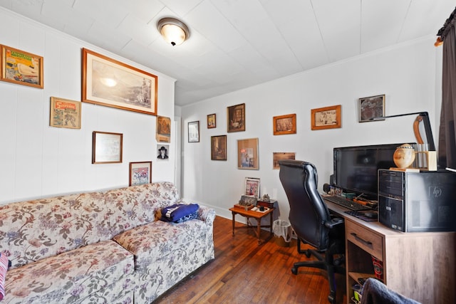 office with crown molding and dark hardwood / wood-style floors