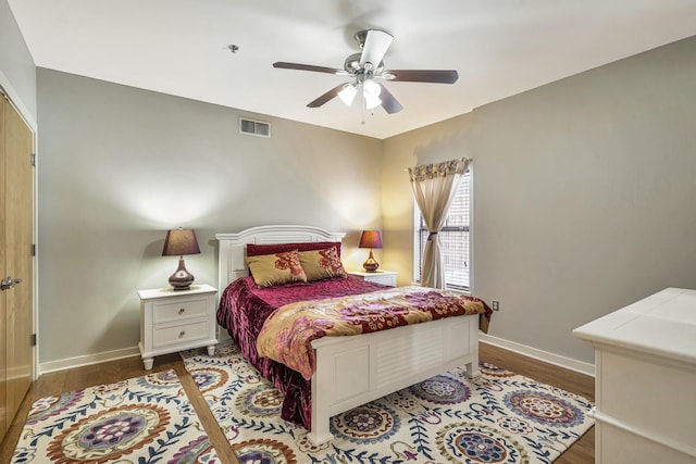 bedroom featuring ceiling fan and light wood-type flooring