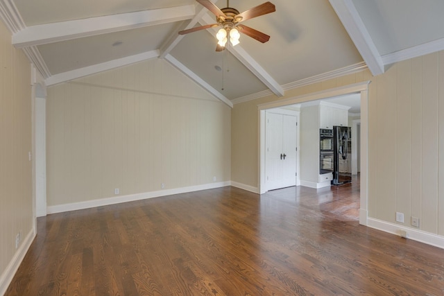 unfurnished living room with dark wood-type flooring, lofted ceiling with beams, and ceiling fan