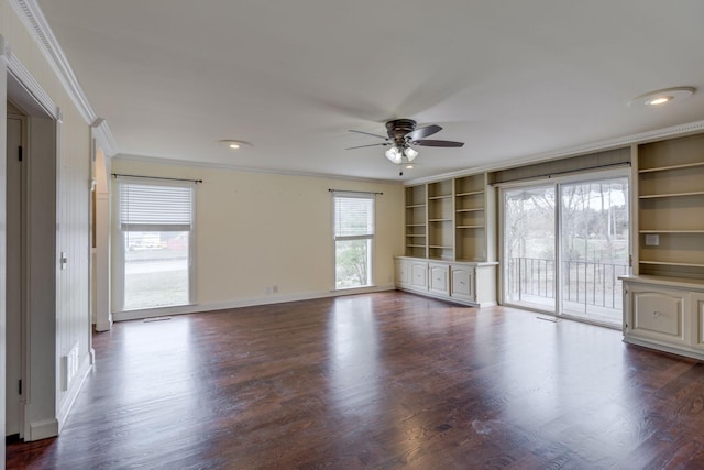 unfurnished living room with ceiling fan, ornamental molding, hardwood / wood-style floors, and built in features