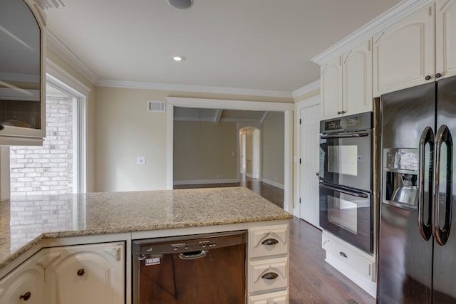 kitchen with white cabinetry, ornamental molding, light stone counters, and black appliances