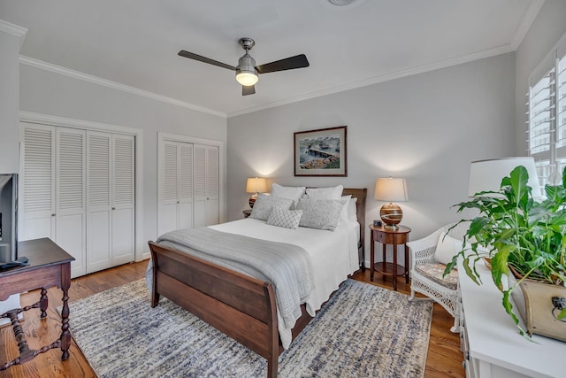 bedroom featuring two closets, wood-type flooring, and ornamental molding