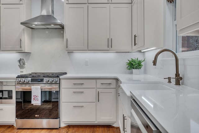 kitchen with dishwasher, white cabinets, decorative backsplash, gas stove, and wall chimney range hood