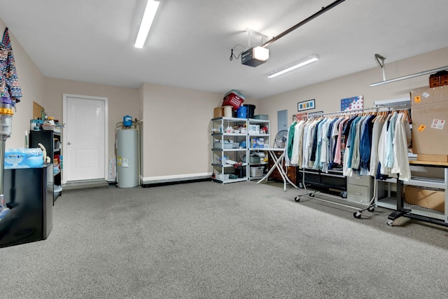 garage with a garage door opener and water heater