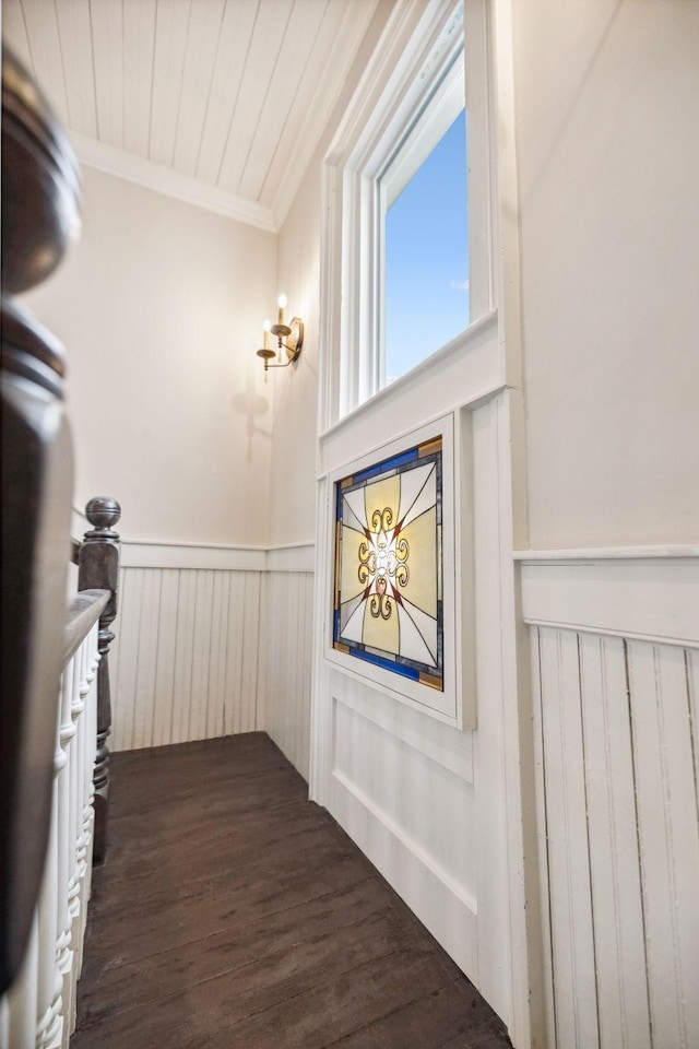 2111 Hoovers Rd, Duck River, TN 38454 - hall with crown molding, wood ceiling, and dark wood-type flooring