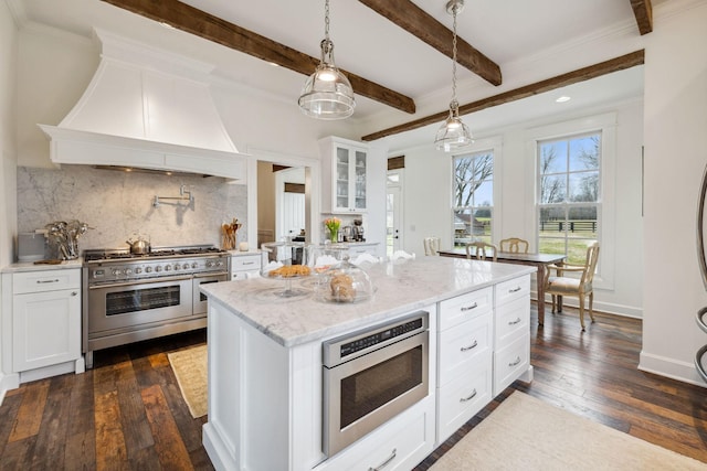 2111 Hoovers Rd, Duck River, TN 38454 - kitchen featuring stainless steel appliances, custom range hood, white cabinets, and light stone counters