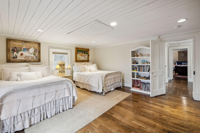 2111 Hoovers Rd, Duck River, TN 38454 - bedroom with ornamental molding, dark hardwood / wood-style floors, and wooden ceiling