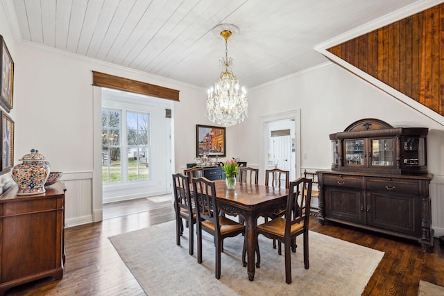 2111 Hoovers Rd, Duck River, TN 38454 - dining space featuring an inviting chandelier, wood ceiling, dark wood-type flooring, and ornamental molding