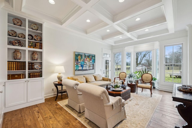 2111 Hoovers Rd, Duck River, TN 38454 - living room featuring coffered ceiling, beam ceiling, light hardwood / wood-style floors, and crown molding