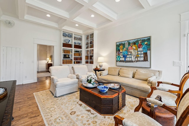 2111 Hoovers Rd, Duck River, TN 38454 - living room with crown molding, hardwood / wood-style floors, coffered ceiling, built in shelves, and beamed ceiling
