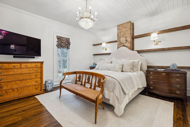 2111 Hoovers Rd, Duck River, TN 38454 - bedroom featuring dark hardwood / wood-style flooring, crown molding, wooden ceiling, and a chandelier