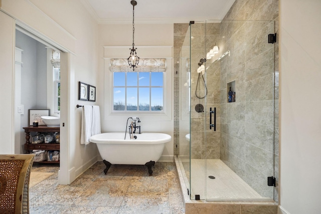 2111 Hoovers Rd, Duck River, TN 38454 - bathroom with crown molding and shower with separate bathtub