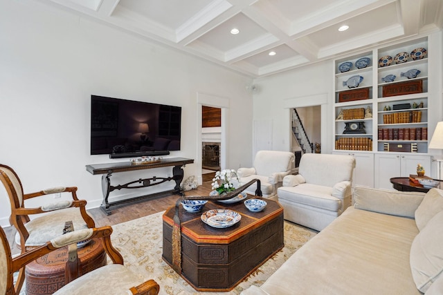 2111 Hoovers Rd, Duck River, TN 38454 - living room featuring crown molding, coffered ceiling, beam ceiling, and light wood-type flooring