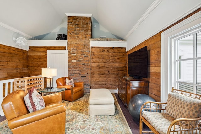 2111 Hoovers Rd, Duck River, TN 38454 - living room featuring vaulted ceiling, ornamental molding, and wooden walls