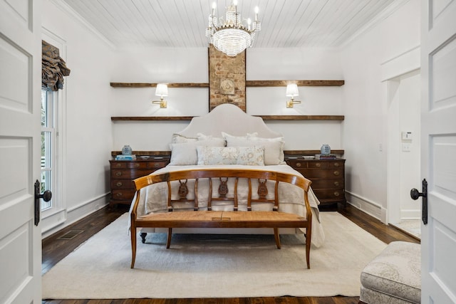 2111 Hoovers Rd, Duck River, TN 38454 - bedroom featuring crown molding, wood-type flooring, wooden ceiling, and a chandelier