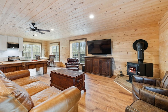2111 Hoovers Rd, Duck River, TN 38454 - living room featuring wood walls, a wood stove, wooden ceiling, and light hardwood / wood-style flooring