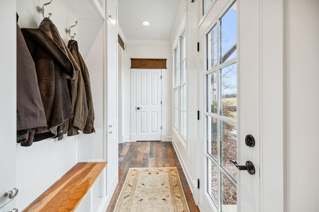 2111 Hoovers Rd, Duck River, TN 38454 - mudroom featuring crown molding and dark wood-type flooring