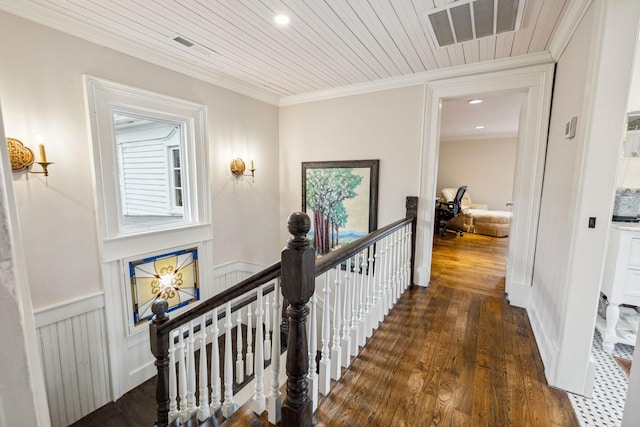 2111 Hoovers Rd, Duck River, TN 38454 - hallway with ornamental molding, wood ceiling, and dark hardwood / wood-style flooring