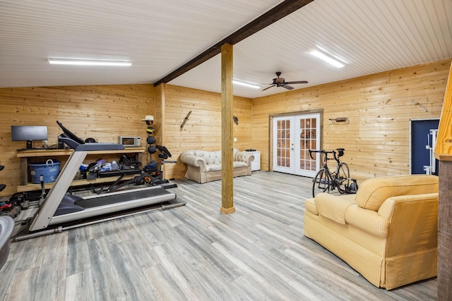 2111 Hoovers Rd, Duck River, TN 38454 - workout room with lofted ceiling, hardwood / wood-style floors, wooden walls, and french doors