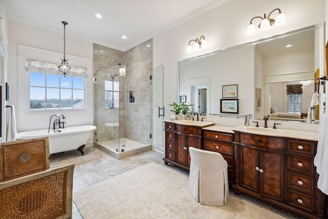 2111 Hoovers Rd, Duck River, TN 38454 - bathroom with crown molding, vanity, shower with separate bathtub, and an inviting chandelier