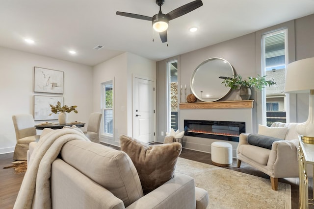 living room with hardwood / wood-style floors and ceiling fan