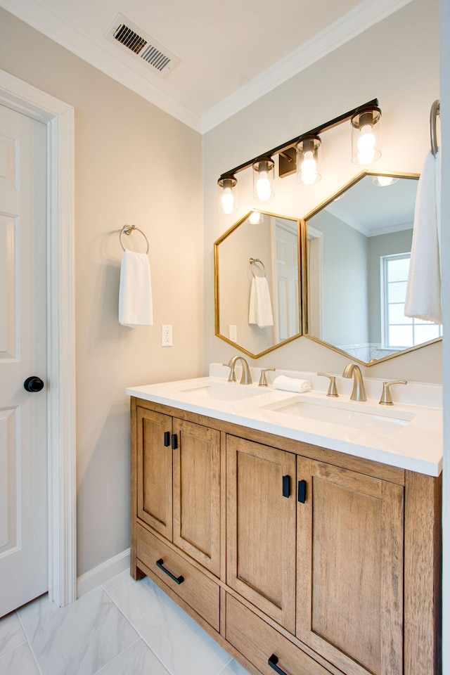 bathroom with vanity and crown molding