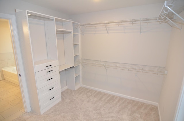 spacious closet featuring light carpet