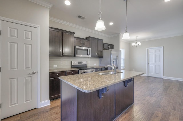 kitchen featuring a breakfast bar, sink, a center island with sink, pendant lighting, and stainless steel appliances