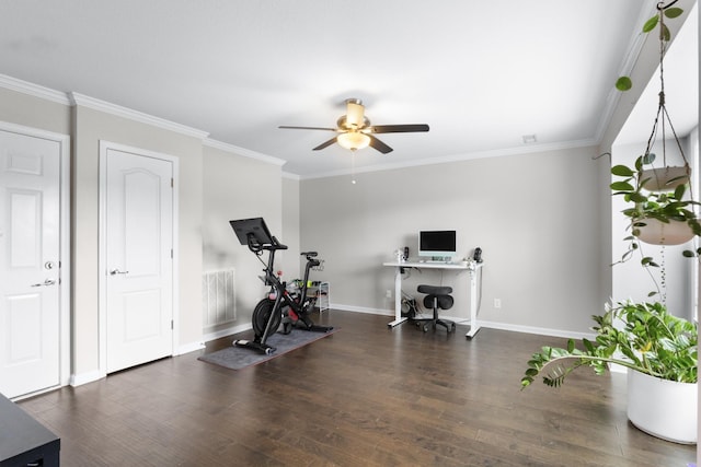 workout room with crown molding, dark hardwood / wood-style floors, and ceiling fan