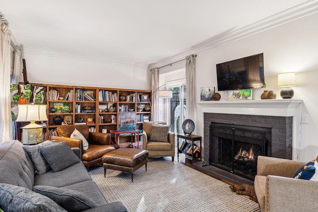 living room featuring crown molding and a brick fireplace