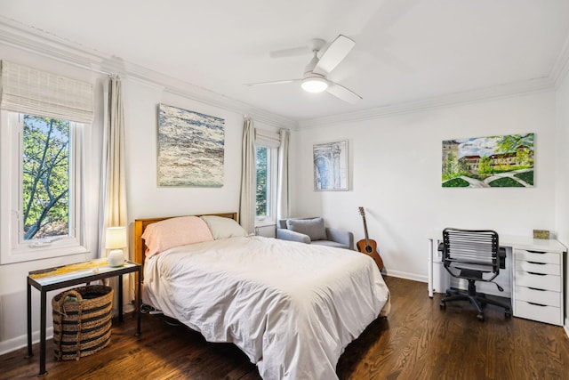 bedroom featuring dark wood-type flooring, ceiling fan, ornamental molding, and multiple windows