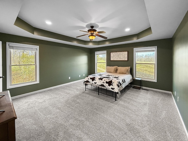 bedroom with a tray ceiling, multiple windows, and baseboards