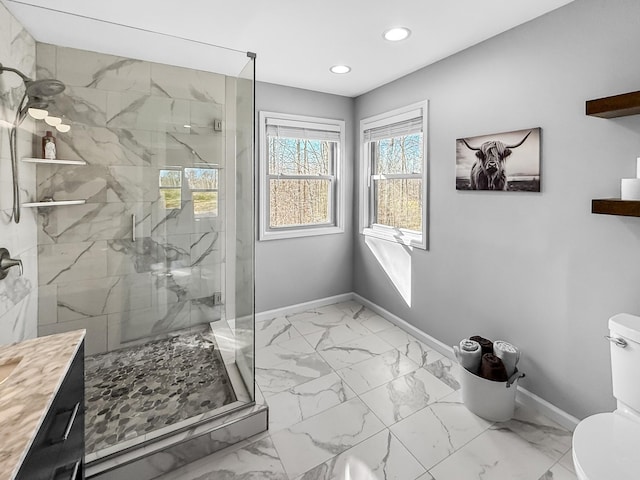 full bathroom with marble finish floor, a marble finish shower, recessed lighting, toilet, and baseboards