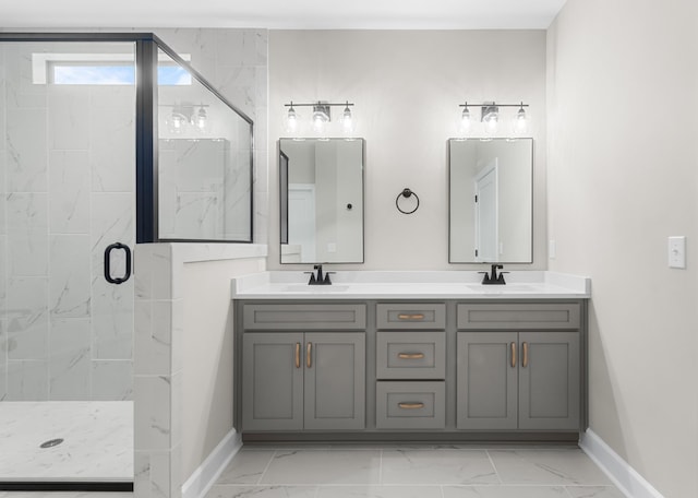 bathroom with vanity and a shower with shower door