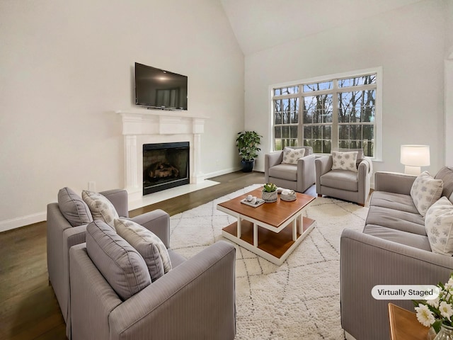 living room featuring wood-type flooring and high vaulted ceiling