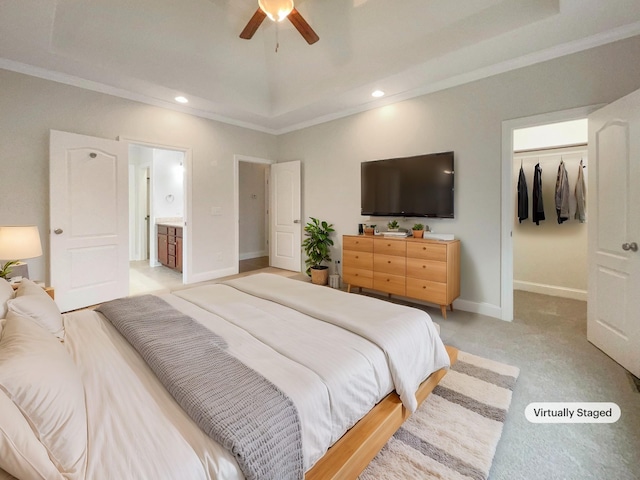 3047 Dogwood Trl, Spring Hill, TN 37174 - bedroom with ornamental molding, a tray ceiling, light carpet, a walk in closet, and baseboards