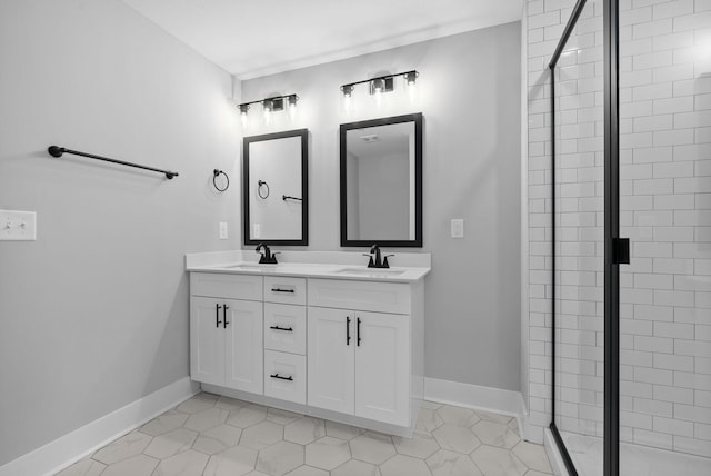 bathroom featuring walk in shower, vanity, and tile patterned flooring