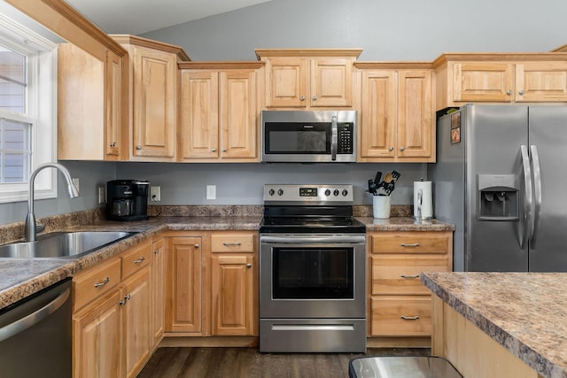 kitchen with lofted ceiling, sink, stainless steel appliances, dark wood-type flooring, and light brown cabinets