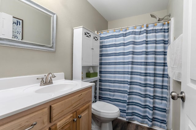 bathroom featuring vanity, hardwood / wood-style floors, walk in shower, and toilet