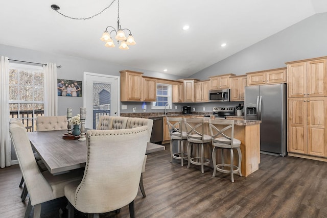 kitchen with hanging light fixtures, dark wood-type flooring, a center island, and appliances with stainless steel finishes