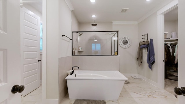 bathroom with shower with separate bathtub and ornamental molding