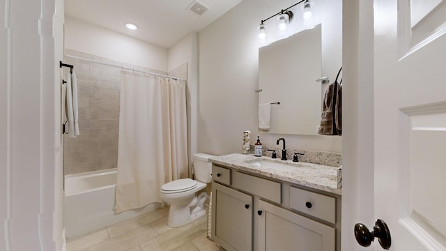 full bathroom with vanity, shower / tub combo, tile patterned floors, and toilet