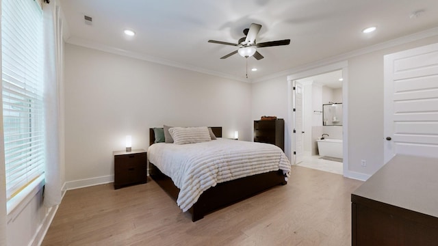 bedroom with crown molding, ceiling fan, and light wood-type flooring