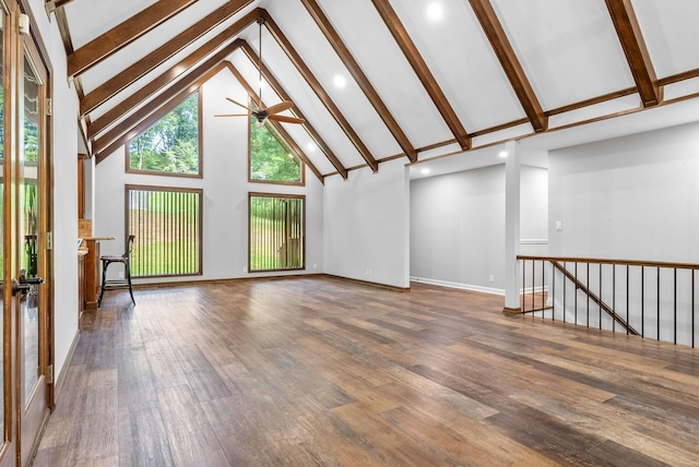 unfurnished living room with dark wood-type flooring, ceiling fan, high vaulted ceiling, and beamed ceiling