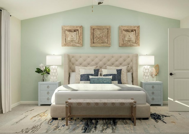 carpeted bedroom featuring vaulted ceiling