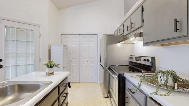 kitchen featuring gray cabinets, stainless steel range with electric stovetop, under cabinet range hood, and light countertops