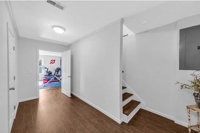 hallway with wood finished floors, visible vents, baseboards, electric panel, and stairs